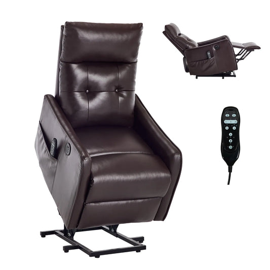Brown leather recliner chair with remote control on a white background