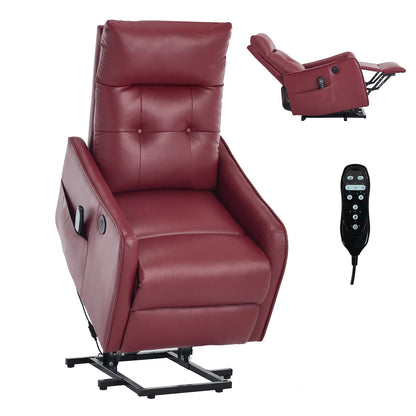 Red faux leather recliner lift chair with remote control on a white background
