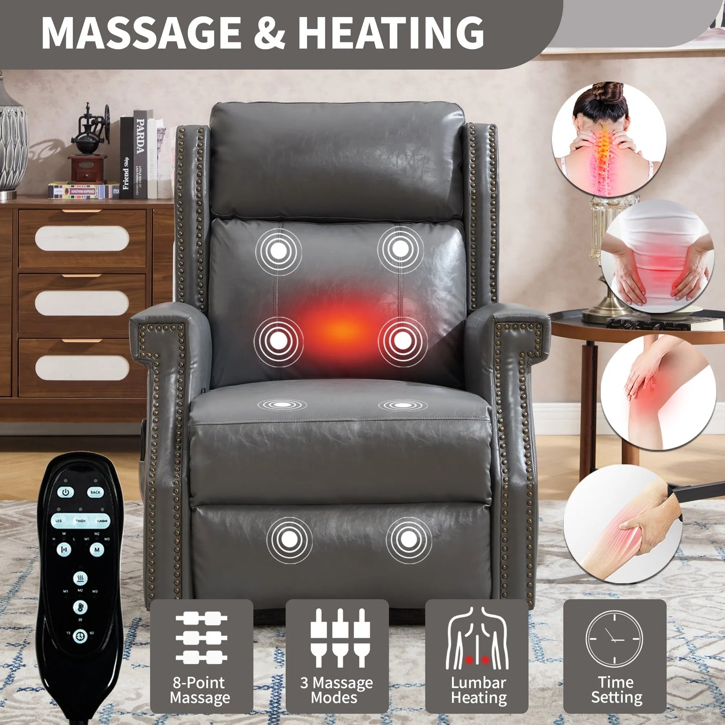 Massage and heating gray recliner chair with remote control in a living room setting