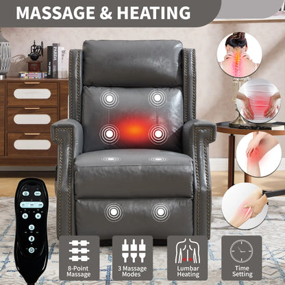 Massage and heating gray recliner chair with remote control in a living room setting