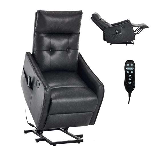 Black leather recliner chair with remote control on a white background