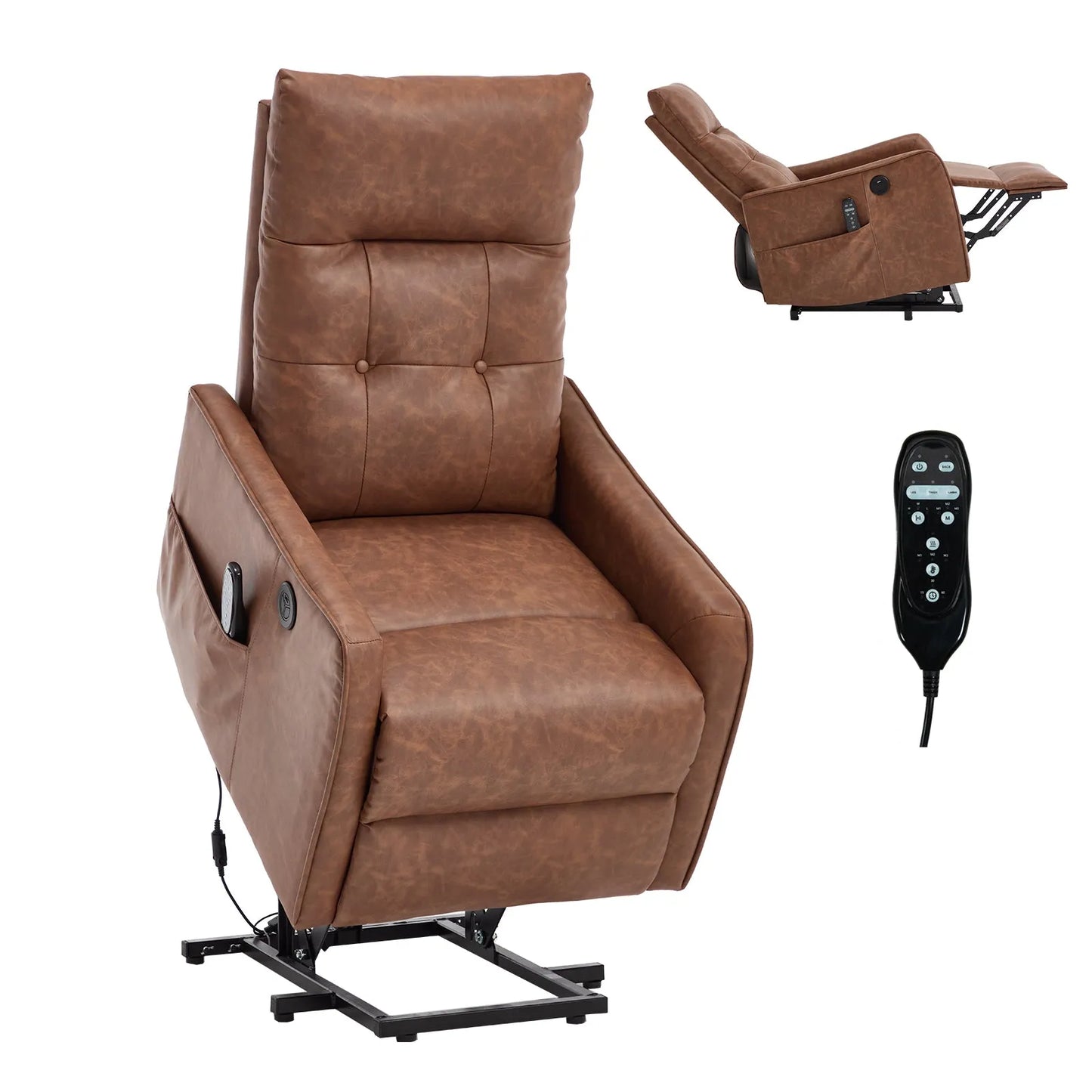 Brown leather recliner chair with remote control on a white background