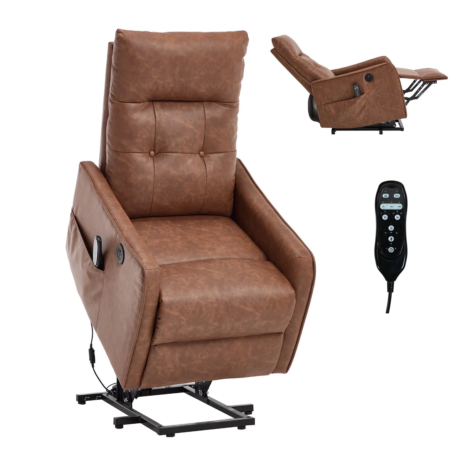 Brown leather recliner chair with remote control on a white background