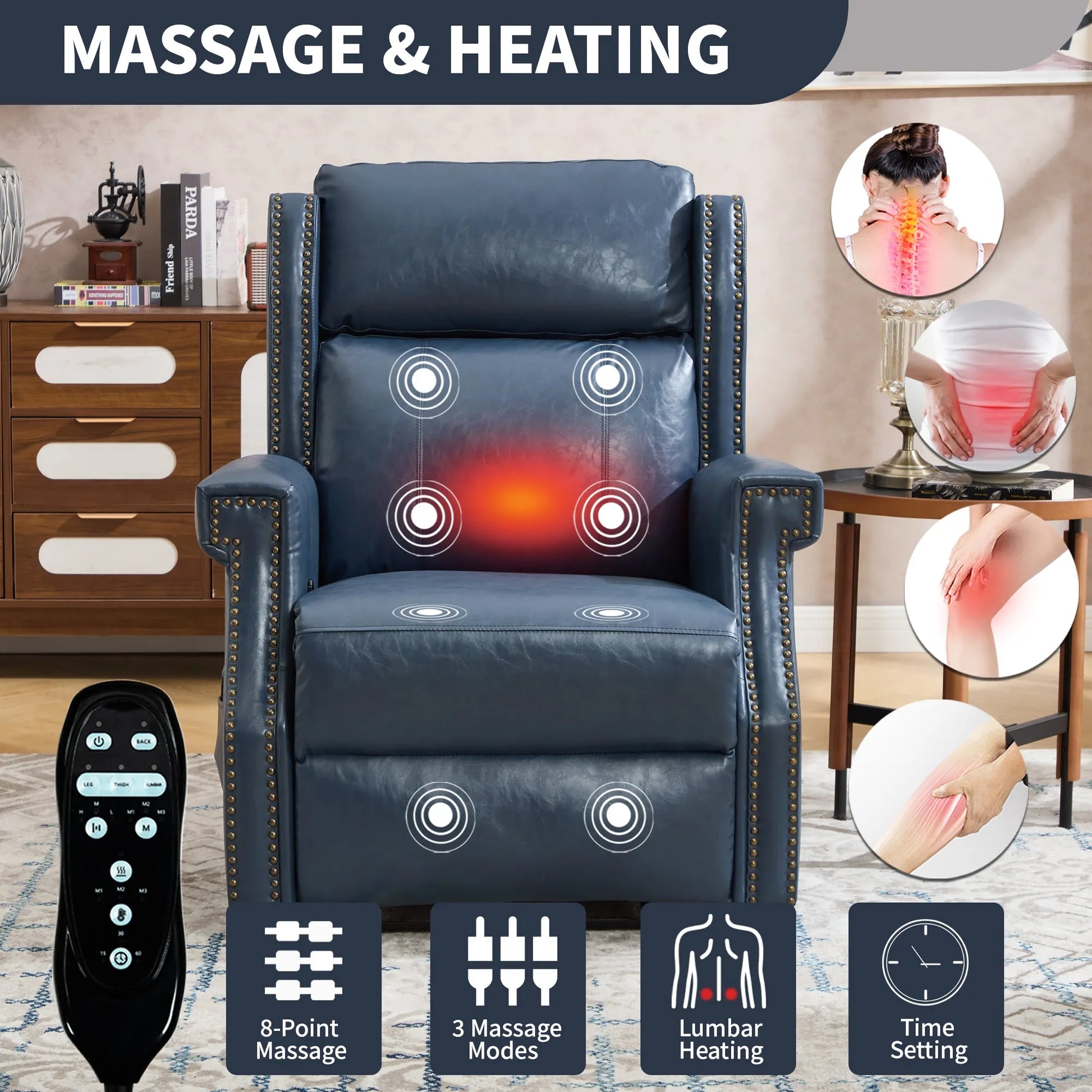 Blue massage recliner chair with remote control and feature icons, shown in a living room setting.