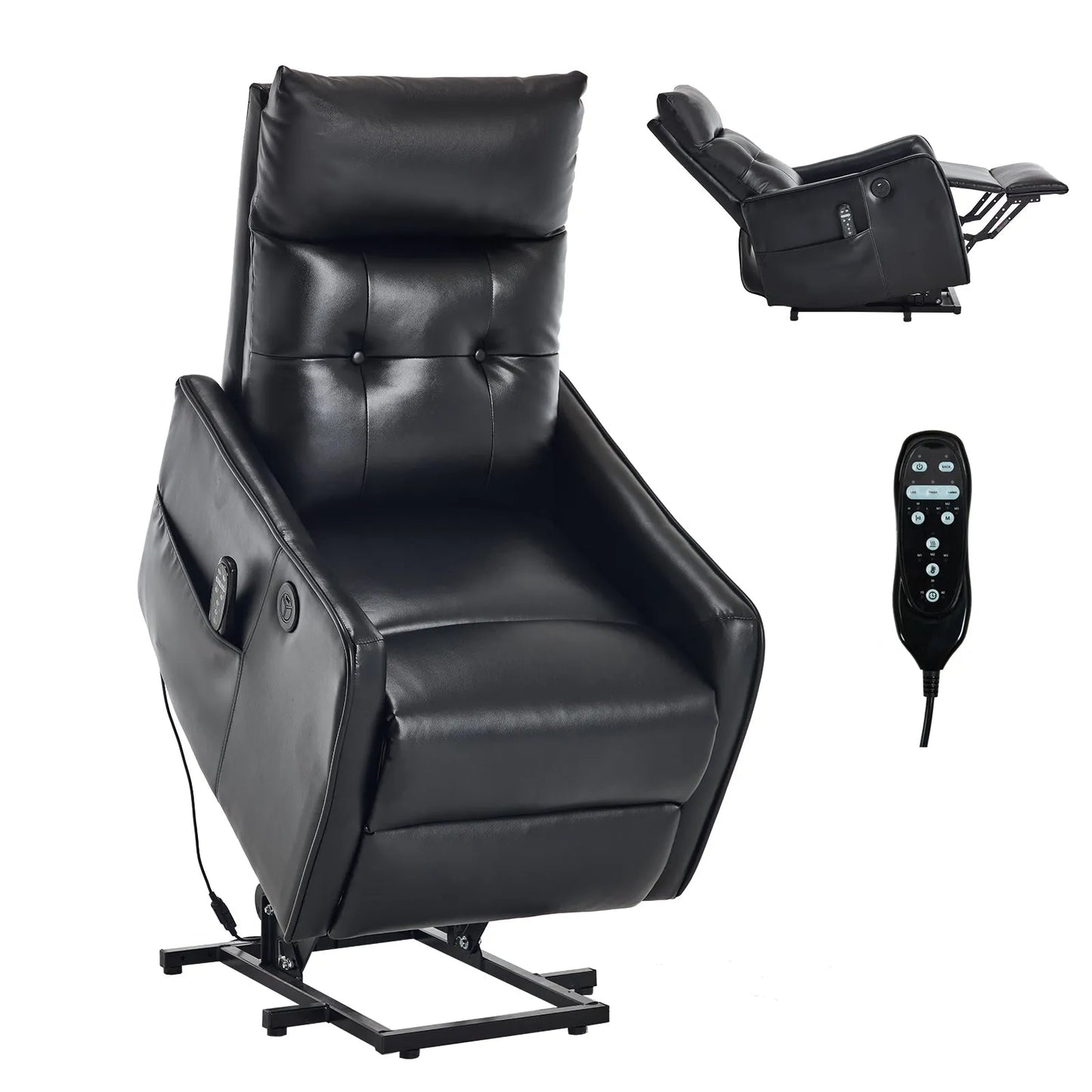 Black leather recliner chair with remote control on a white background