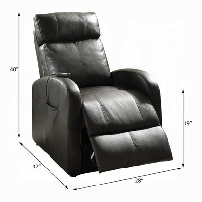 Dark brown leather recliner chair with dimensions on a white background