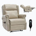 Beige recliner chair with nailhead trim and remote control on a white background