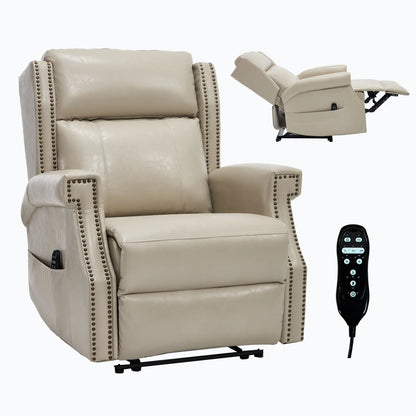 Beige recliner chair with nailhead trim and remote control on a white background
