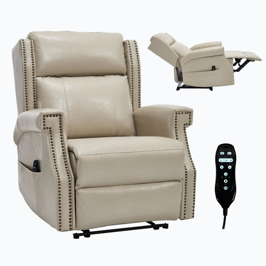 Beige recliner chair with nailhead trim and remote control on a white background
