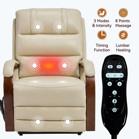 Beige faux leather massage and heat recliner chair with remote control and features listed on a white background