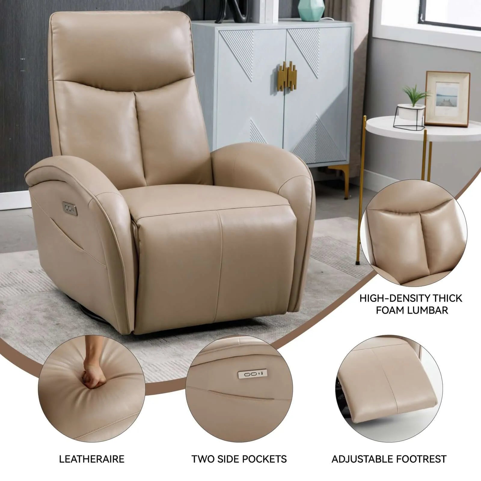 Brown recliner chair with high-density thick foam lumbar, leatheraire material, two side pockets, and adjustable footrest in a room setting.