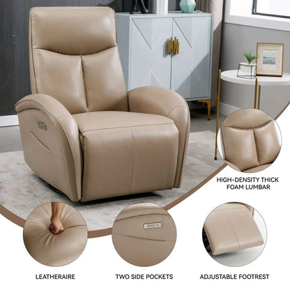 Brown recliner chair with high-density thick foam lumbar, leatheraire material, two side pockets, and adjustable footrest in a room setting.
