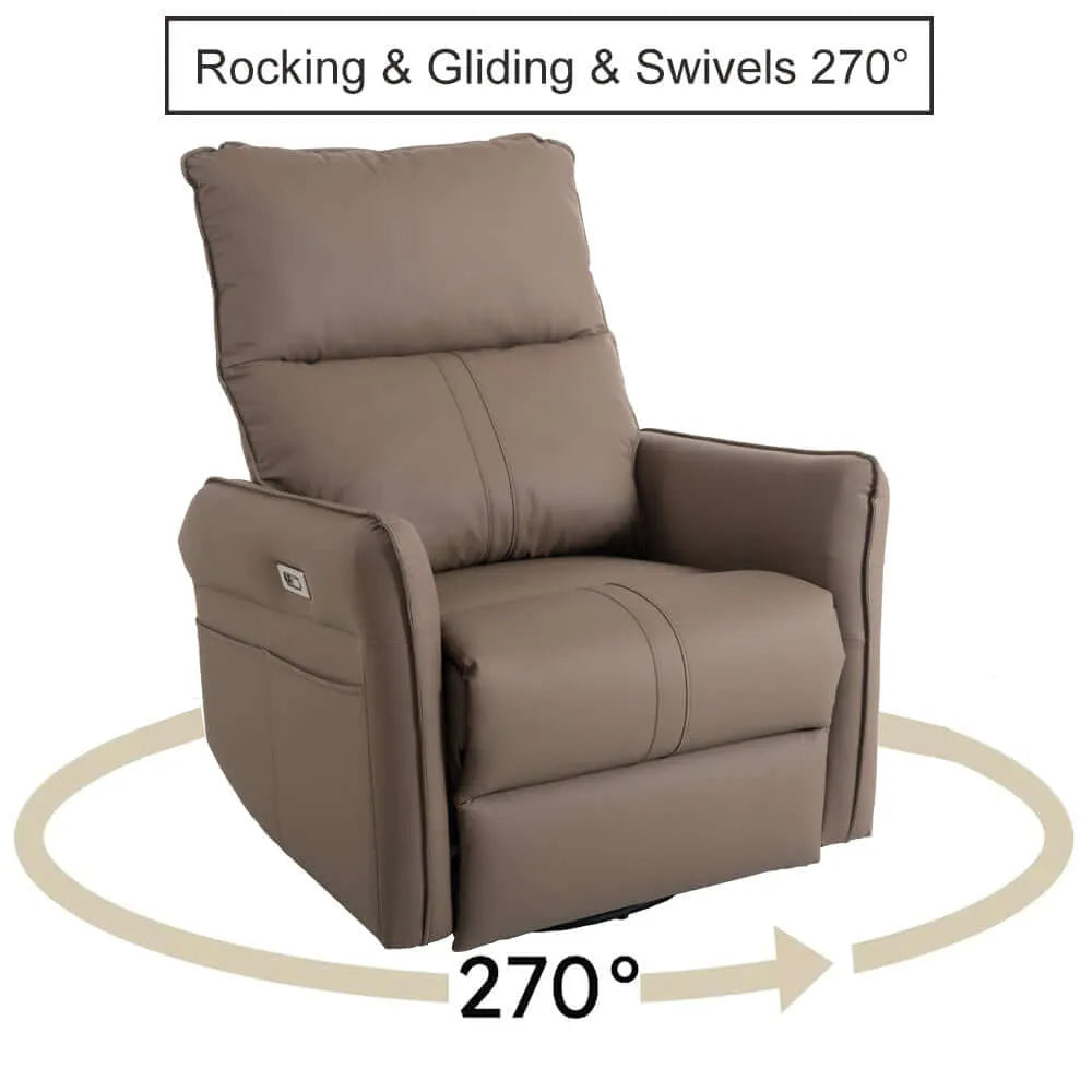 Brown recliner chair with rocking, gliding, and swiveling capabilities on a white background.