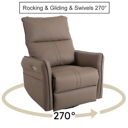 Brown recliner chair with rocking, gliding, and swiveling capabilities on a white background.