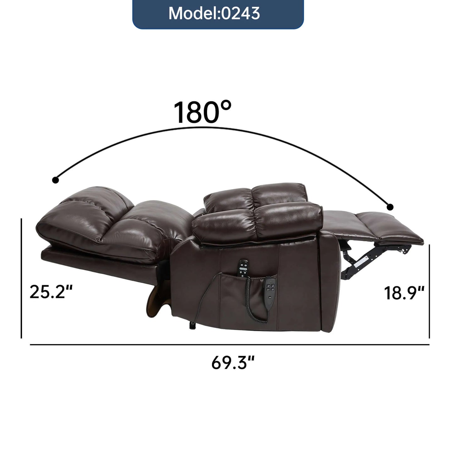 Brown recliner chair with dimensions labeled on a white background