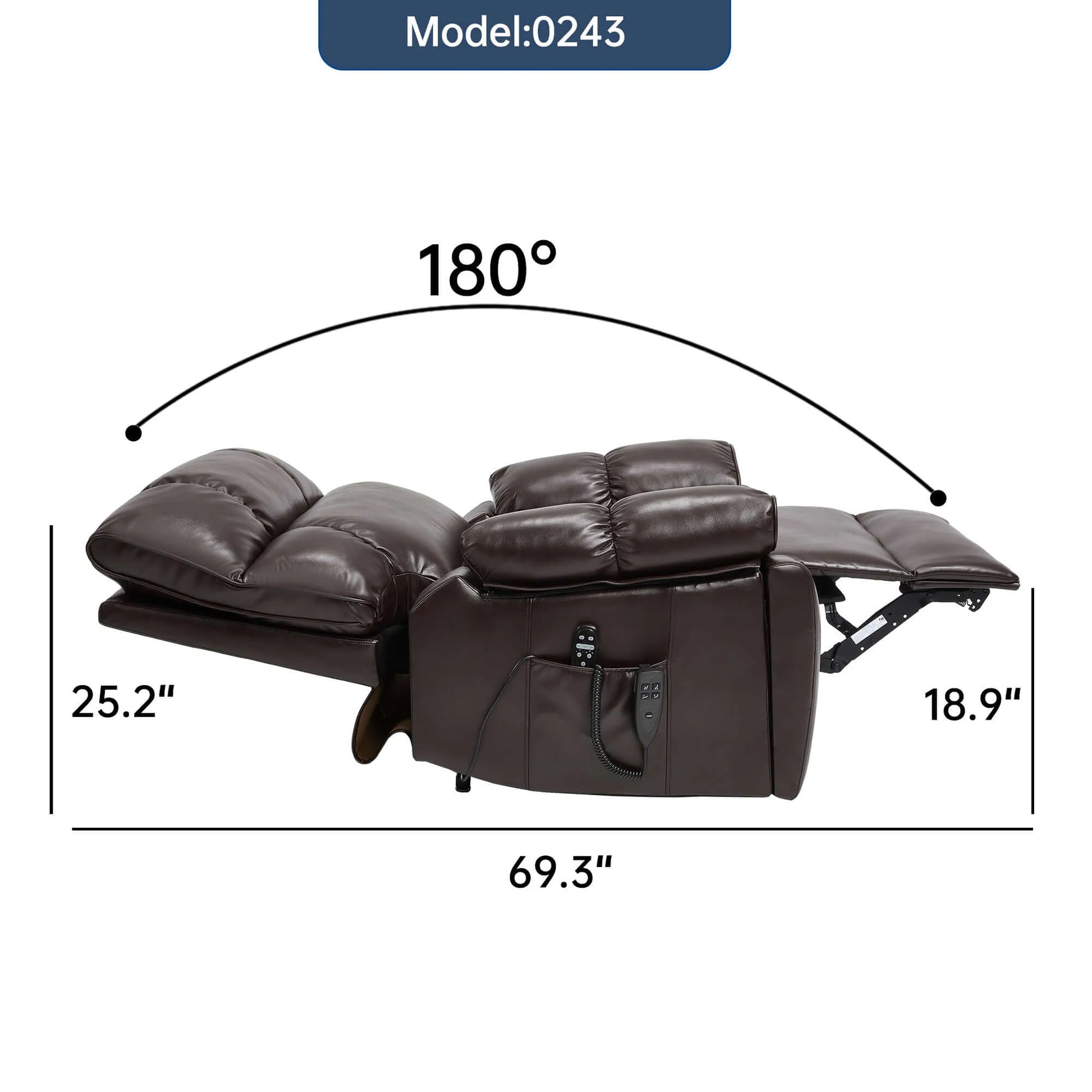 Brown recliner chair with dimensions labeled on a white background