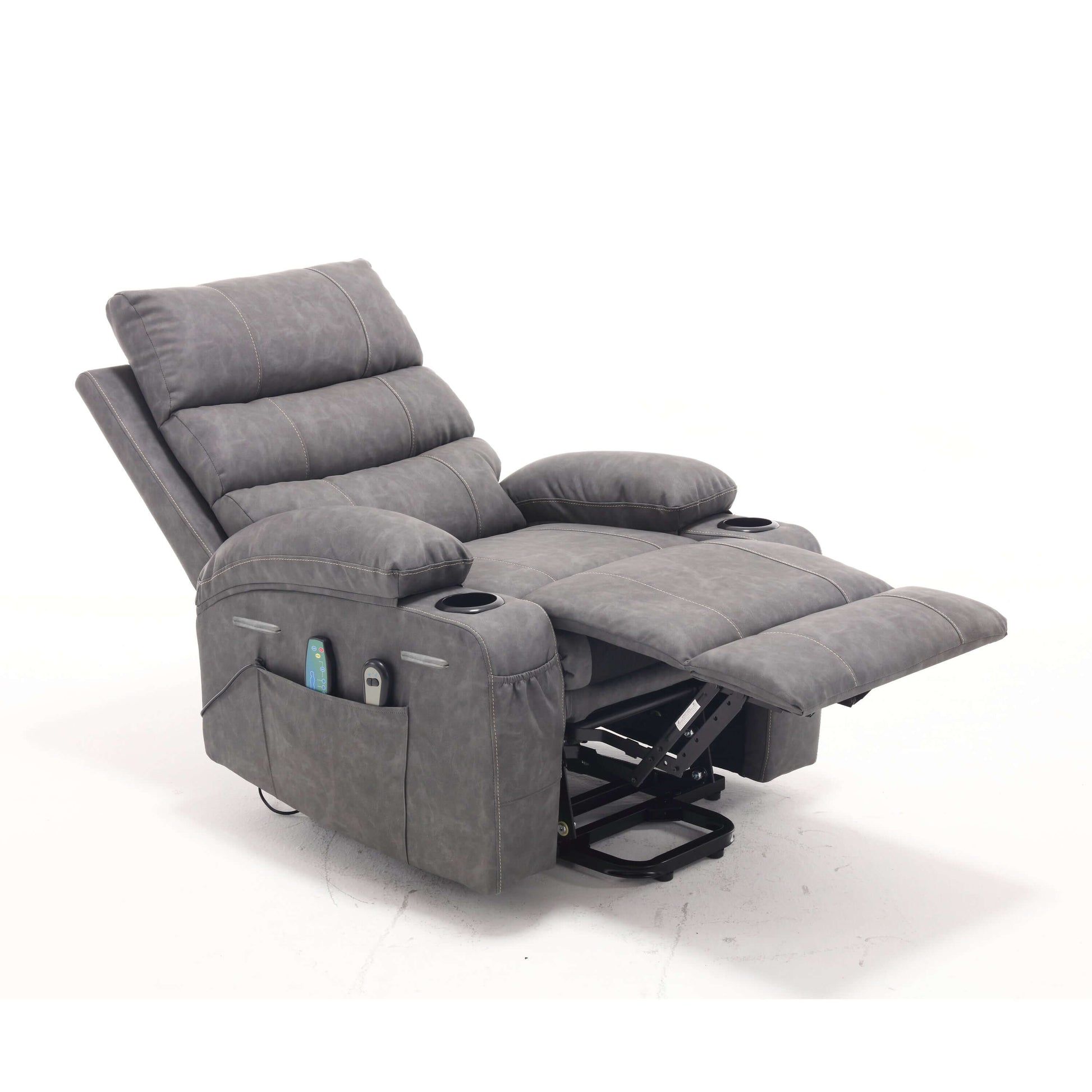 Gray faux leather power lift recliner chair with plush arm cushions, cup holder and armrest pocket in a reclining position on a white background
