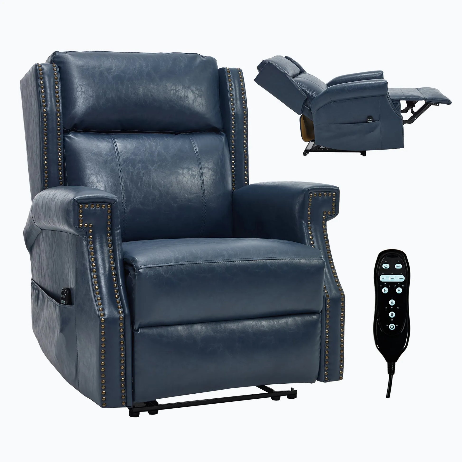 Blue leather recliner chair with remote control on a white background