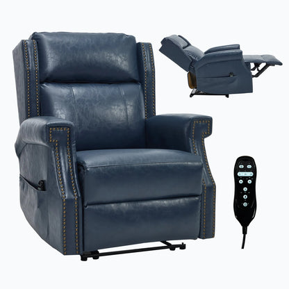 Blue leather recliner chair with remote control on a white background
