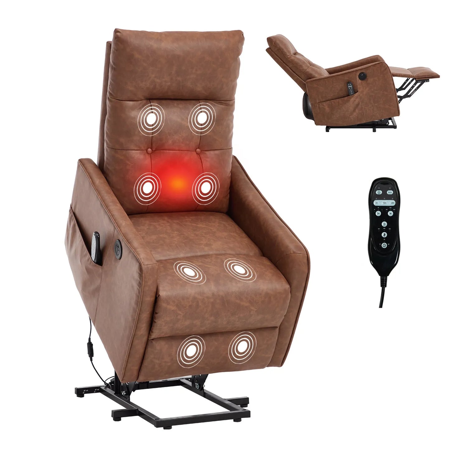 Brown massage and heating lift chair with red light and remote control on a white background
