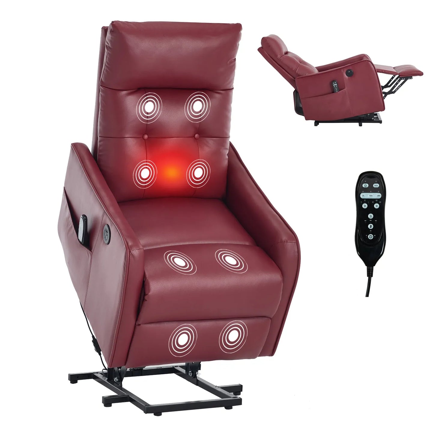 Red massage and heating power lift chair with illuminated massage points and remote control on a white background