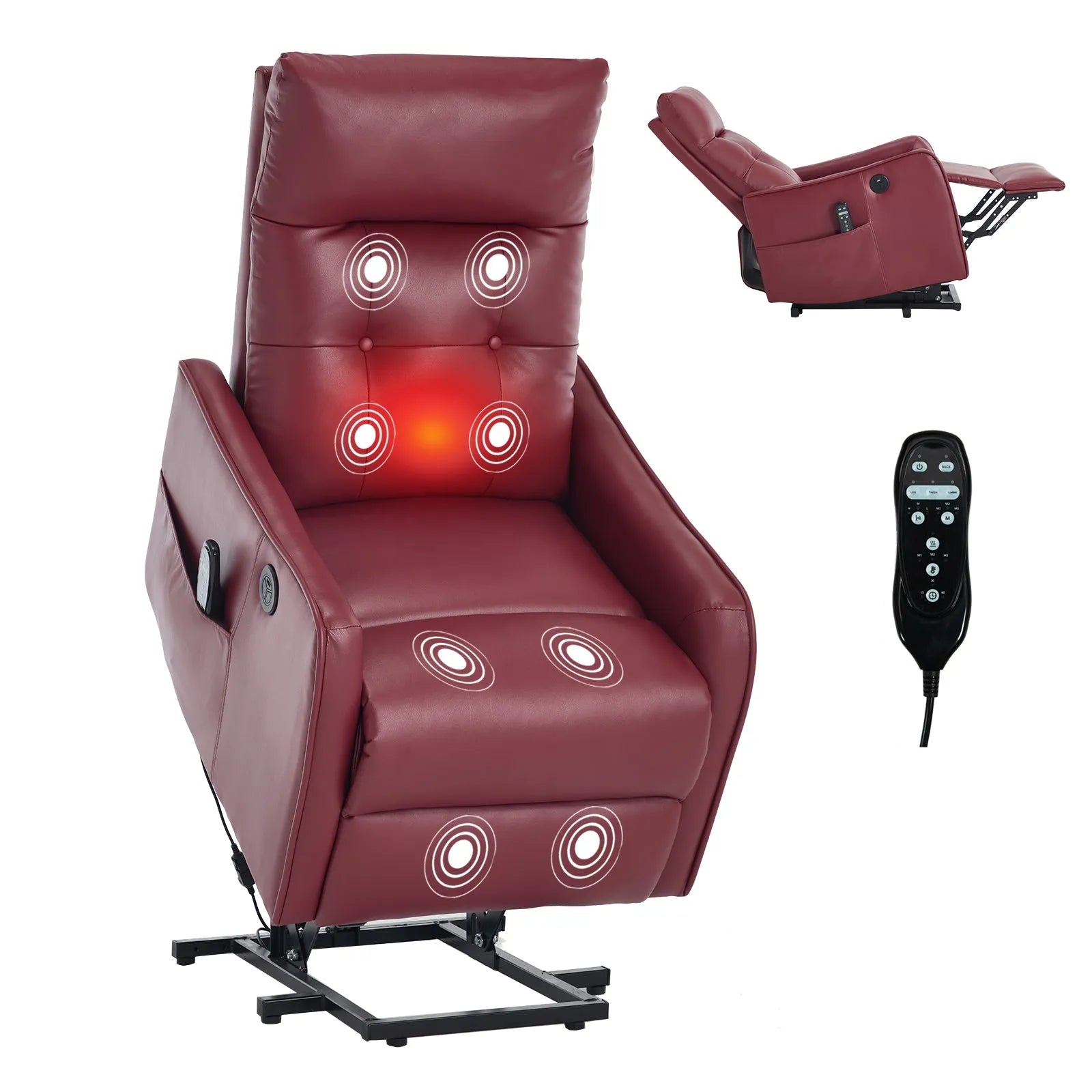 Red massage and heating power lift chair with illuminated massage points and remote control on a white background