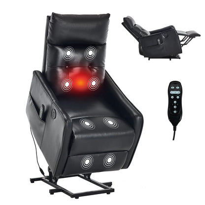 Black massage chair with red light and remote control on a white background