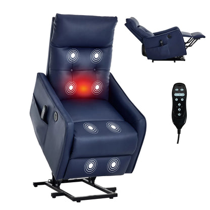 Blue massage recliner chair with illuminated pressure points and remote control on a white background