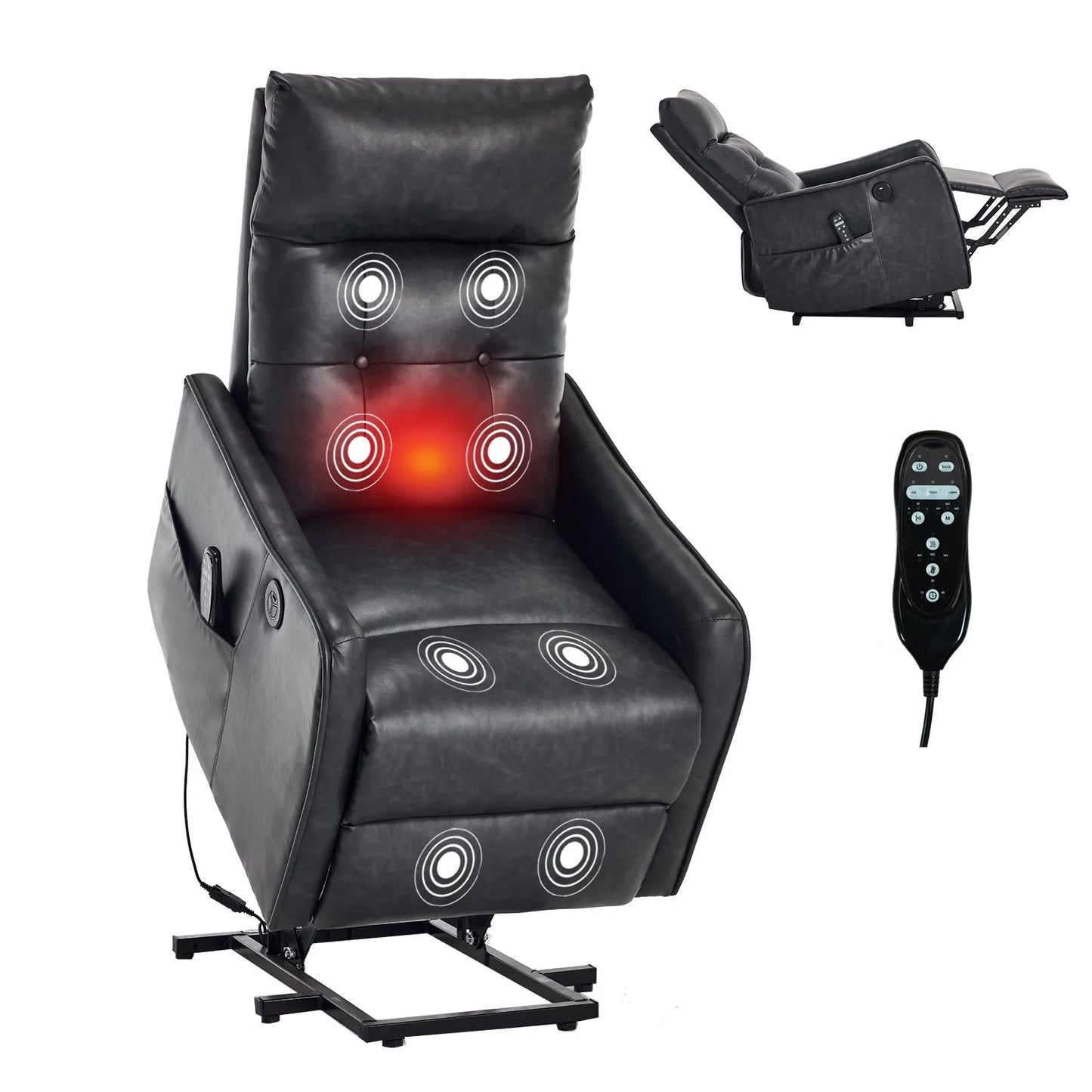 Black massage lift recliner chair with red lights and remote control on a white background