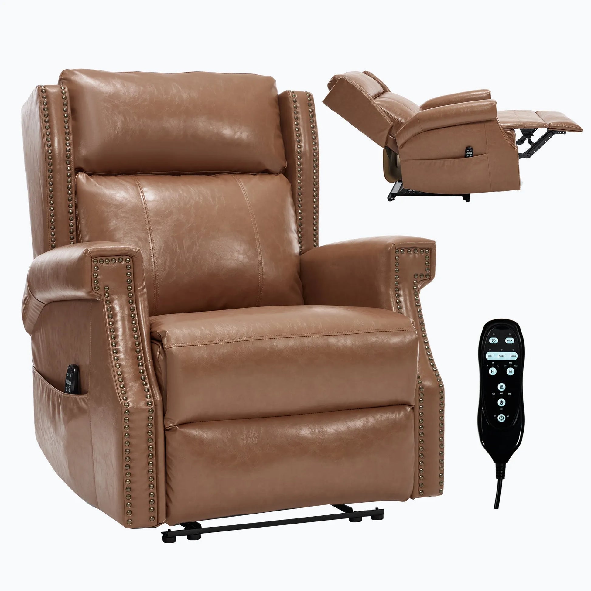 Brown leather recliner chair remote control on a white background
