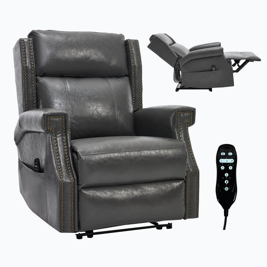 Fully extended gray recliner chair with remote control on a white background