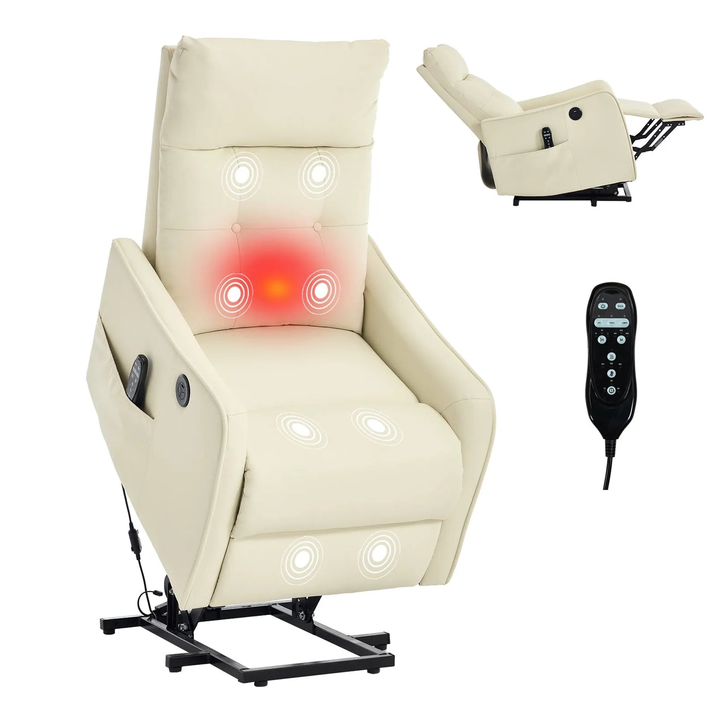 Beige massage lift chair with heating lights and remote control on a white background