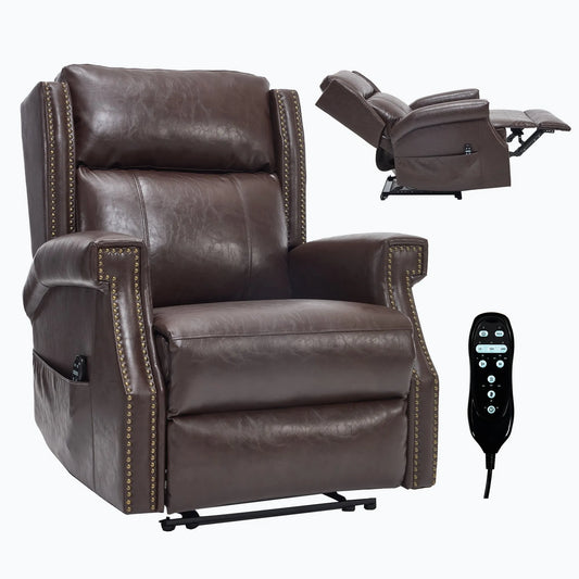 Brown leather recliner chair with remote control on a white background
