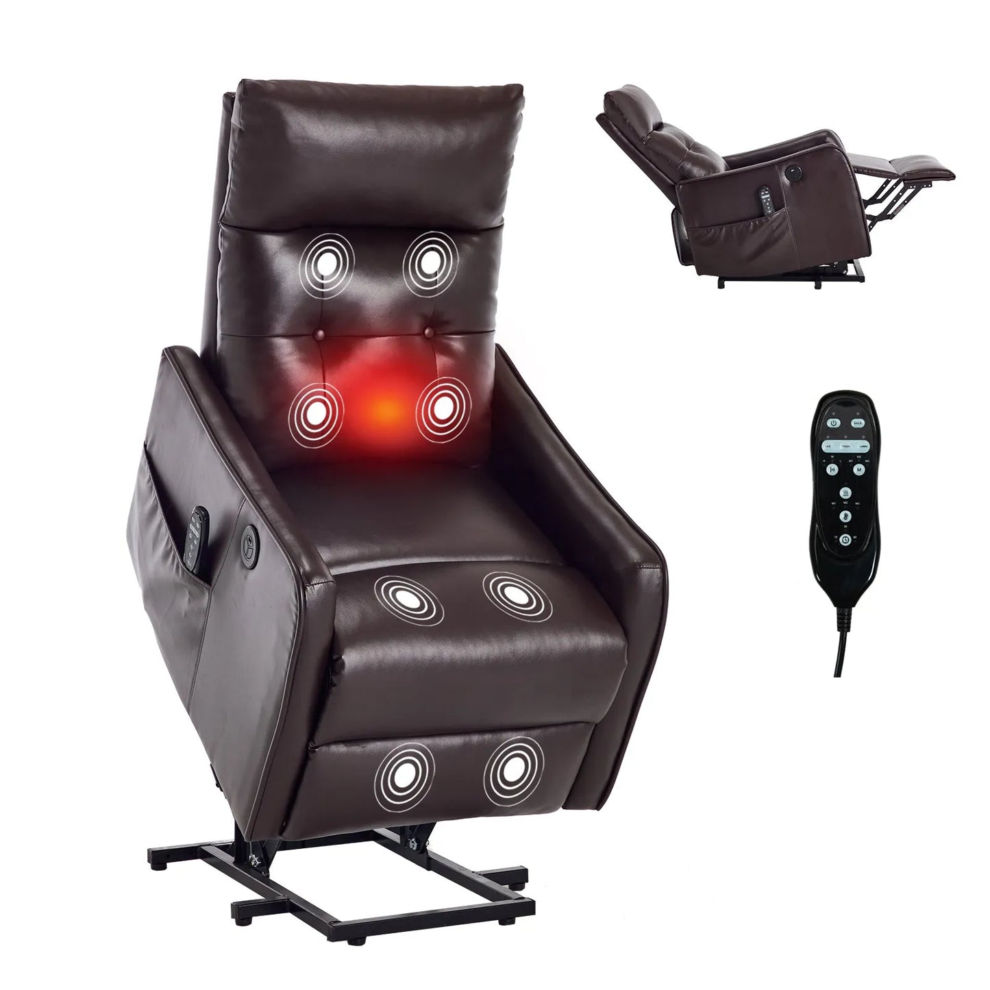 Brown massage lift chair with red light and remote control on a white background