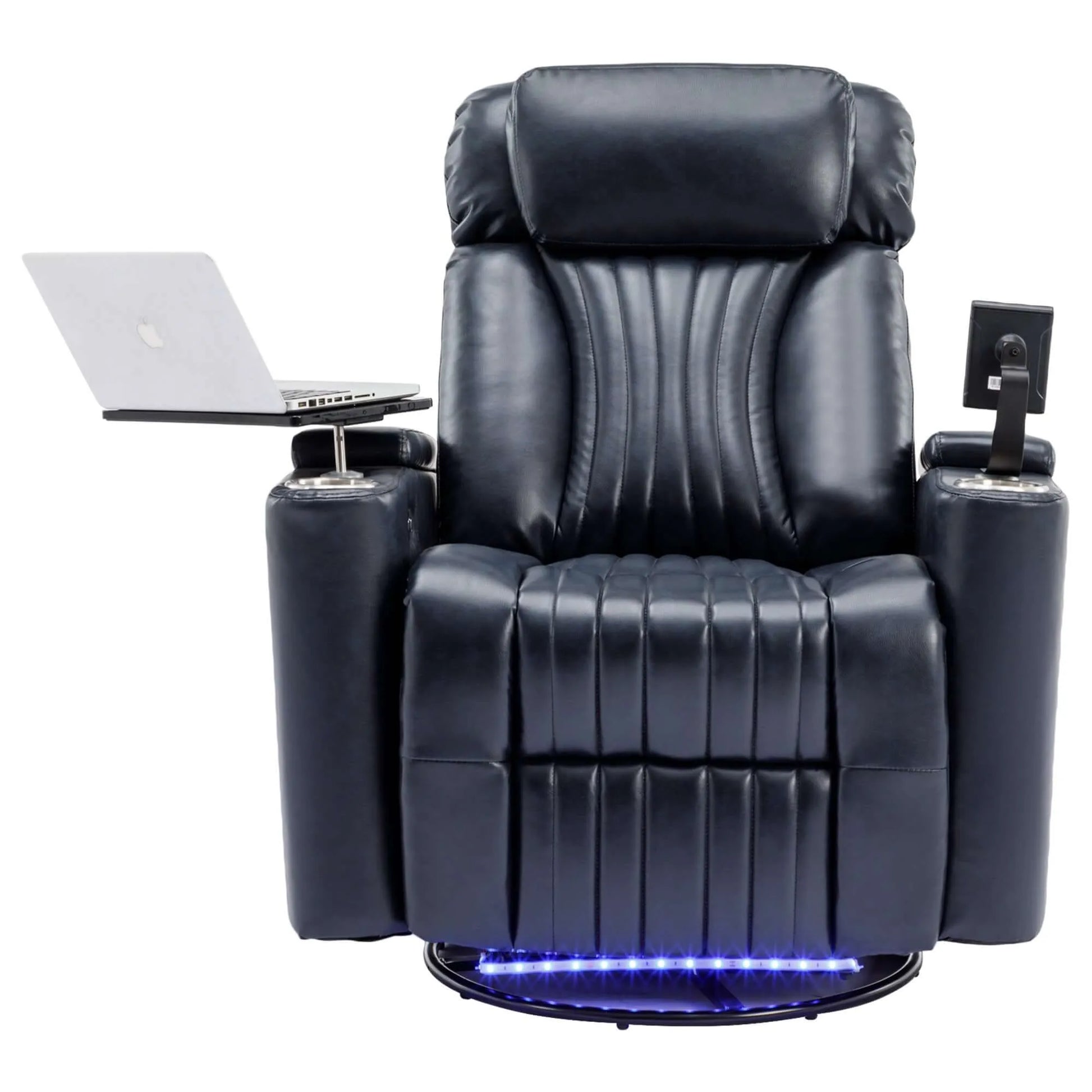 Blue leather recliner chair with cup holders, tablet stand, and laptop on a white background