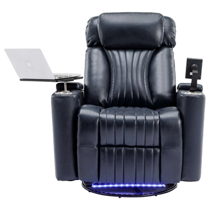 Blue leather recliner chair with cup holders, tablet stand, and laptop on a white background