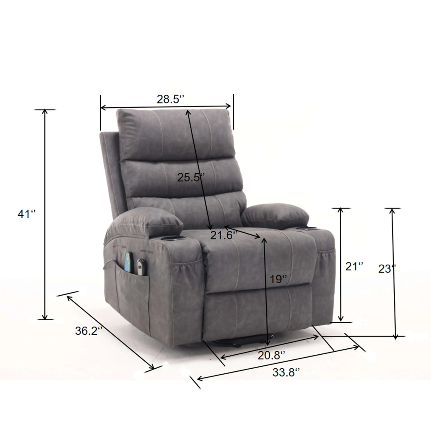 Gray faux leather power lift recliner chair in upright position with dimensions marked on a white background