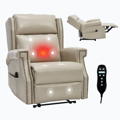 Beige recliner chair with massage and heating functions, remote control included.