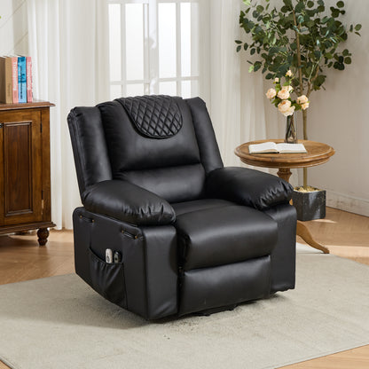 Black leather recliner chair in a living room setting with a wooden cabinet and table in the background.