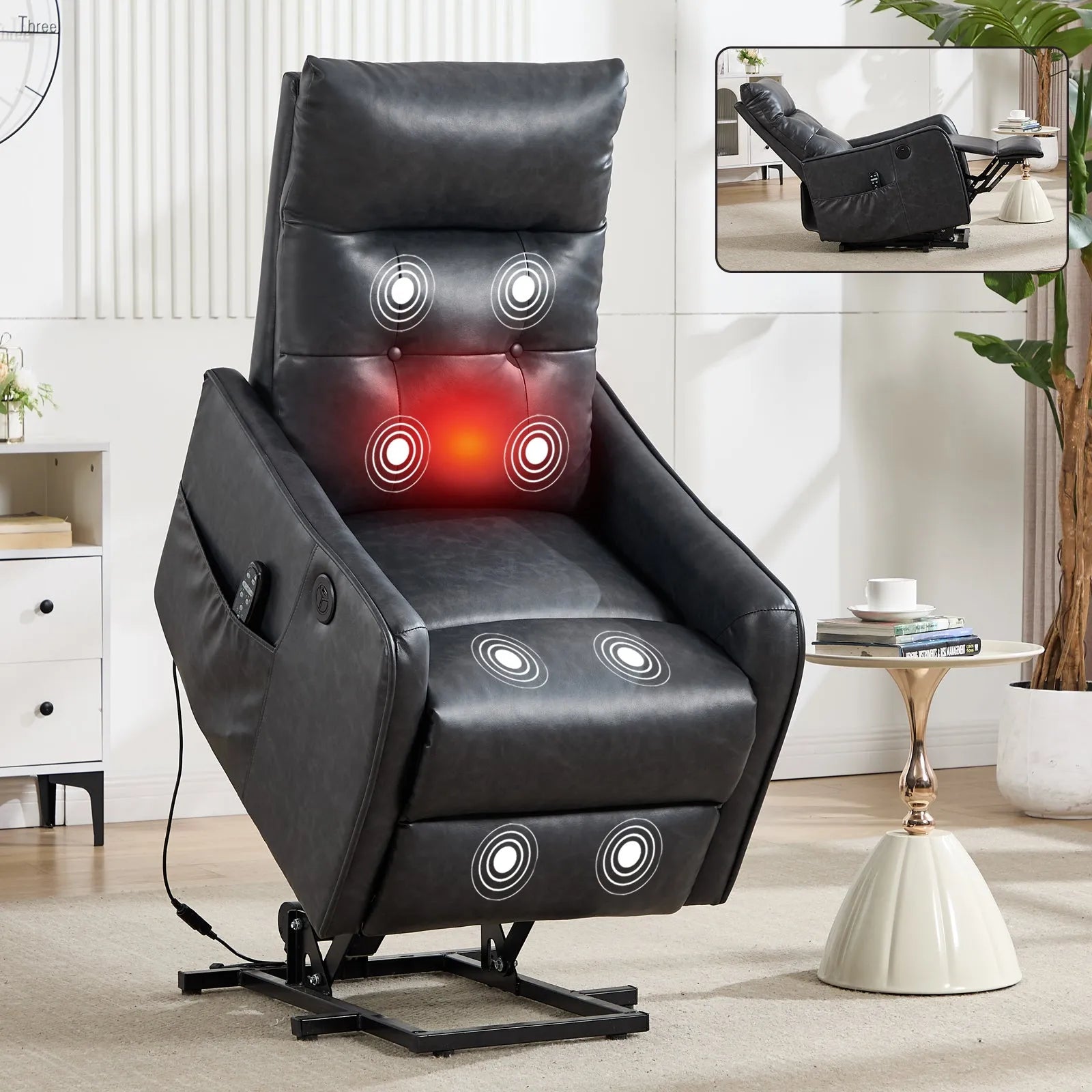 Black massage lift chair with red light in a modern living room setting