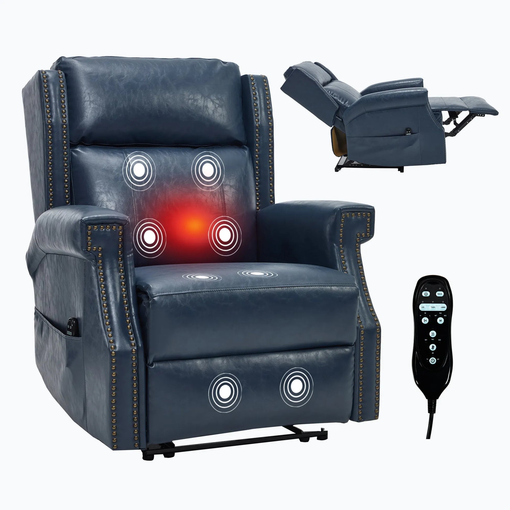 Blue massage recliner chair with massage points and remote control on a white background