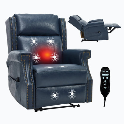 Blue massage recliner chair with massage points and remote control on a white background