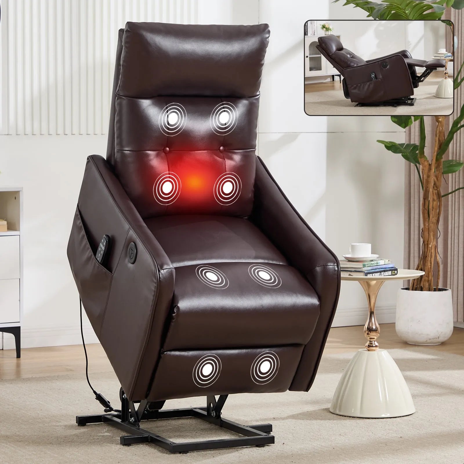 Brown massage recliner chair with red light in a living room setting