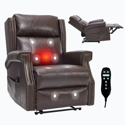 Brown massage recliner chair fully extended with remote control on a white background