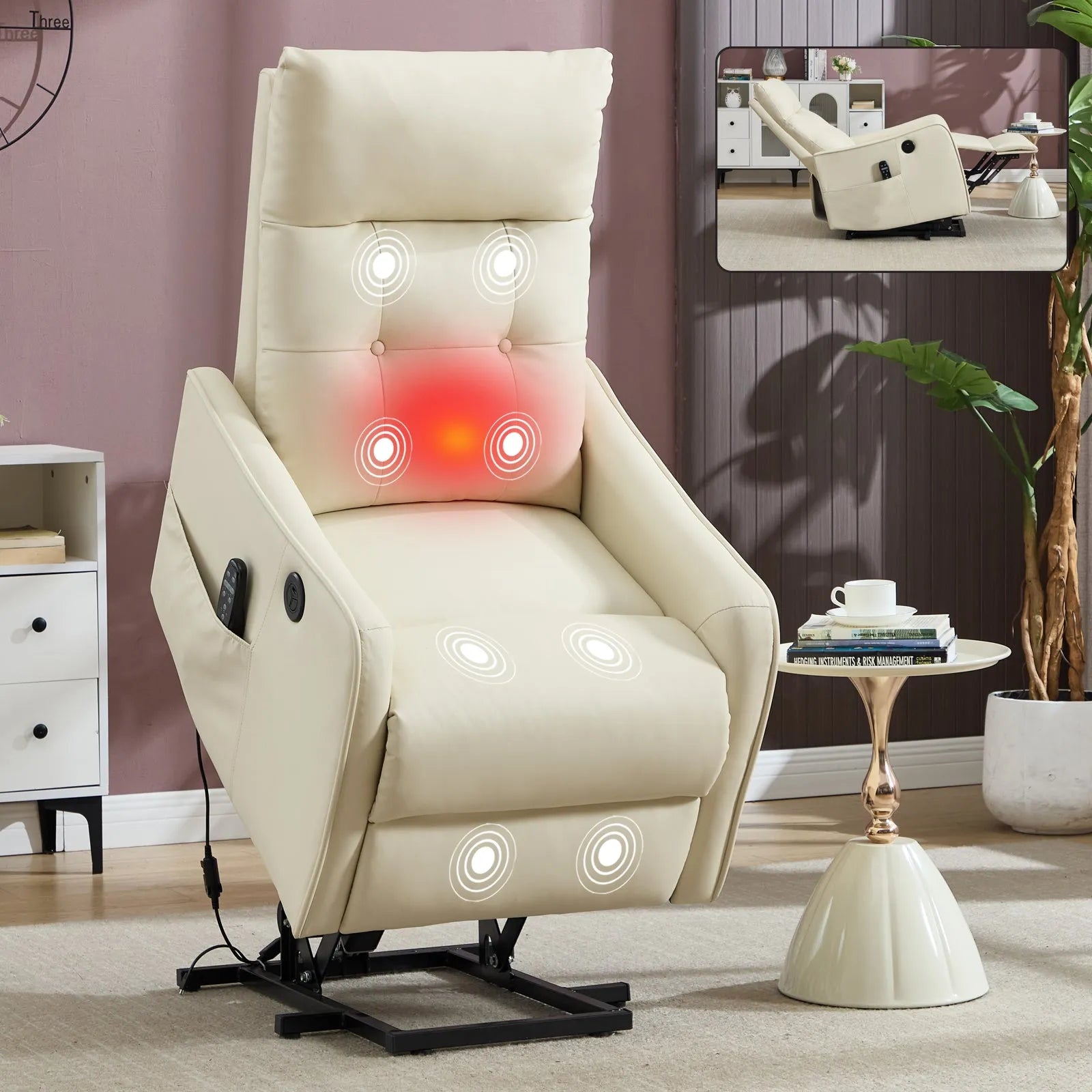 Beige massage lift chair with illuminated massage points in a living room setting.