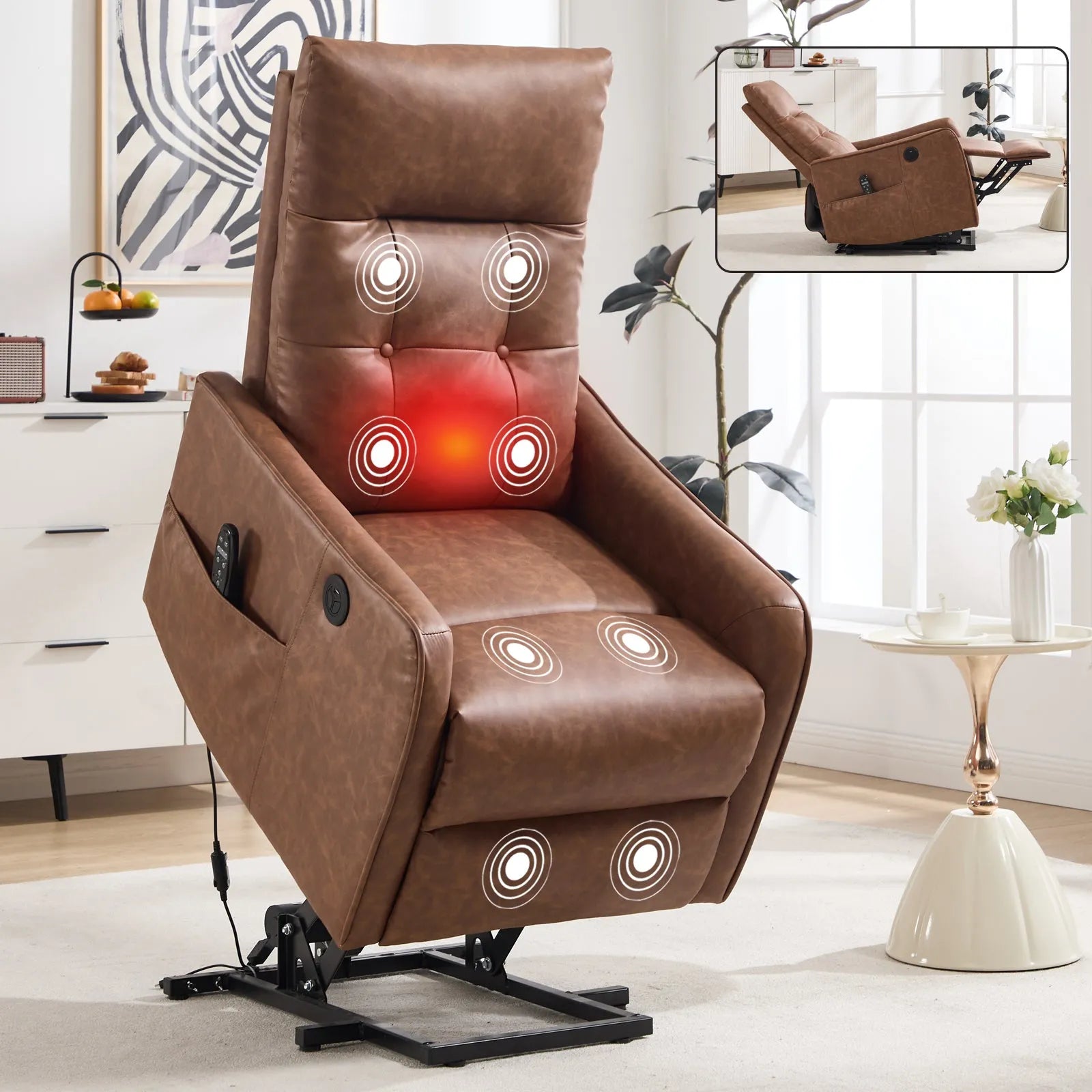 Brown massage power recliner lift chair with red glowing area in a living room setting