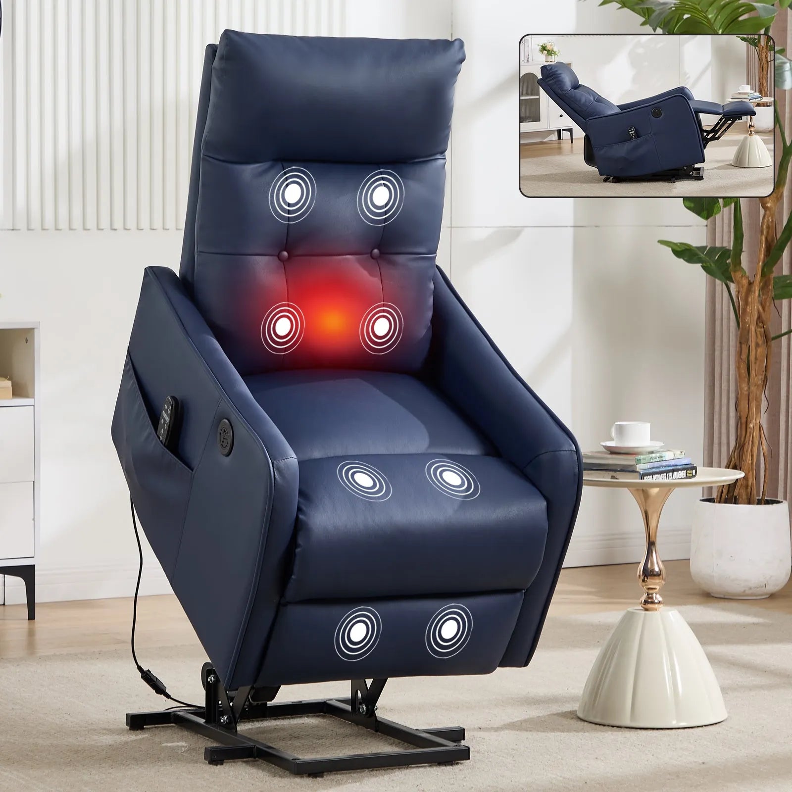 Blue massage recliner lift chair with red light on in a living room setting