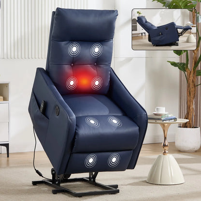 Blue massage recliner lift chair with red light on in a living room setting