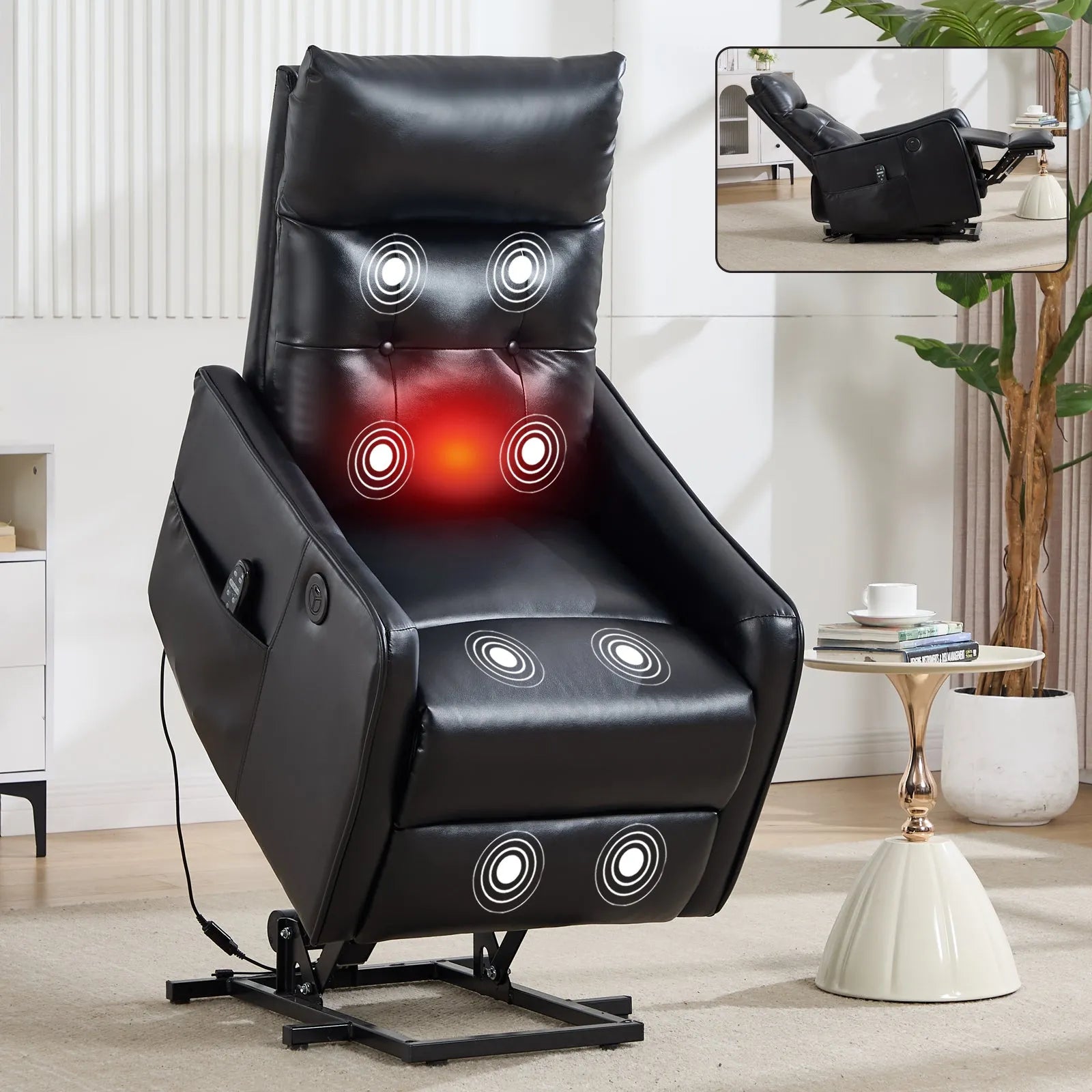 Black massage recliner chair with red light in a living room setting