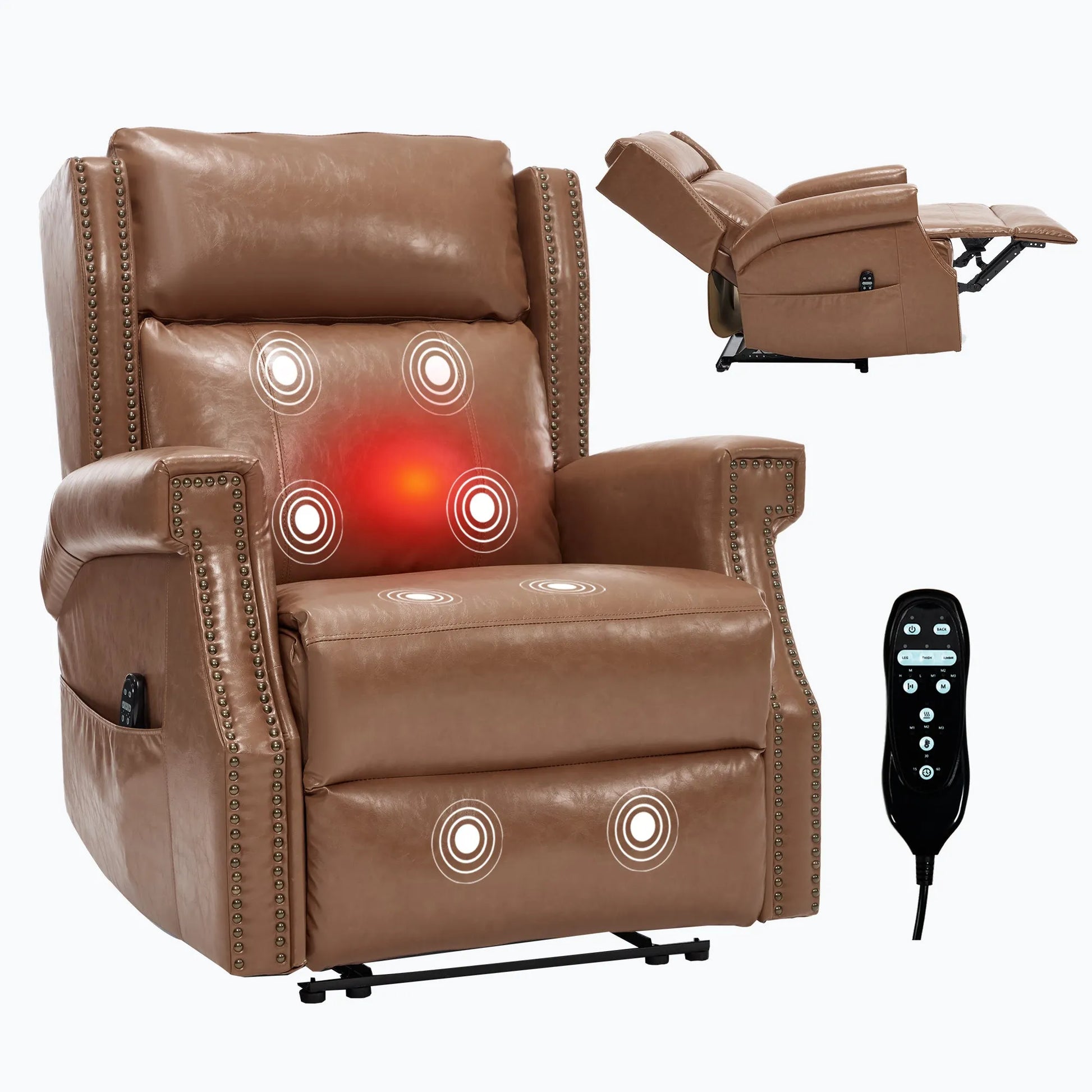 Brown leather recliner chair with massage points and remote control on a white background